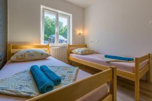 a bedroom with two beds with blue sheets and a window at Apartmani Lucić in Crikvenica