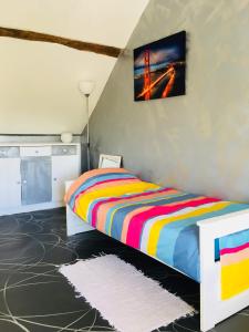 マニ・クールにあるGITE CHEZ XAVIER 2Mn DU CIRCUITのカラフルなベッドと壁に絵画が飾られたベッドルーム1室