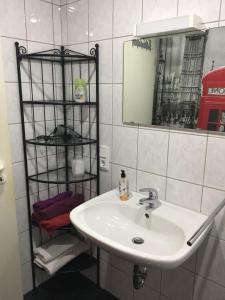 a bathroom with a sink and a mirror and a shelf at Business Apartment Lippstadt Nord 50 qm in Lippstadt