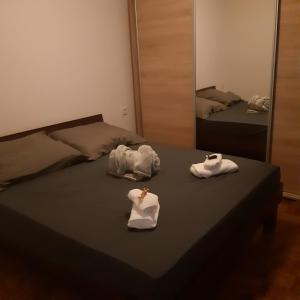 two towels sitting on a bed in front of a mirror at Apartman Max in Sveti Ivan Zelina