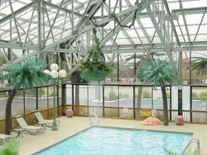 een groot binnenzwembad met palmbomen en planten bij Wildwood Inn in Florence