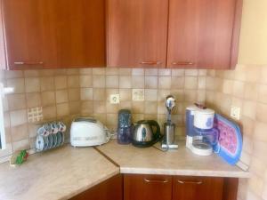 a kitchen counter with various appliances on it at Casa Del Sol in Skala Marion