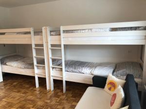 Cette chambre comprend 2 lits superposés et un canapé. dans l'établissement Apartma Vintage Bohinj, à Bohinj