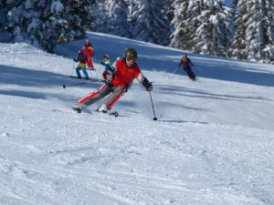 a group of people skiing down a snow covered slope at Stubalm Appartements in Salla