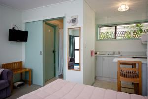 1 dormitorio con cama, lavabo y ventana en Owaka Lodge Motel, en Owaka