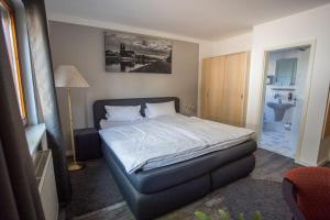 1 Schlafzimmer mit einem Bett und einem Bad in der Unterkunft Hotel am Ring in Magdeburg