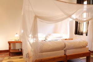 Schlafzimmer mit einem Bett mit Moskitonetz in der Unterkunft Evening Shade in Omaruru