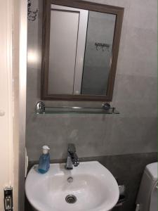 w łazience znajduje się umywalka z lustrem i butelka mydła. w obiekcie Apartment Old town w mieście Tbilisi City