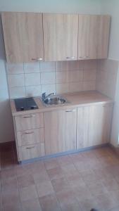 una cocina con fregadero y armarios de madera en Apartments Hostin Garoful Duga Uvala, en Krnica