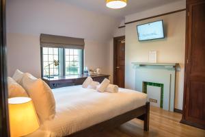 a bedroom with a bed with a fireplace and a television at West Court- Jesus College in Cambridge