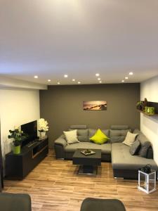 ein Wohnzimmer mit einem Sofa und einem TV in der Unterkunft Sinsheim Unterkunft in Sinsheim