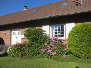 ein Haus mit einem Blumenstrauch davor in der Unterkunft Luft und Meer 4**** Ferienwohnung in Hage