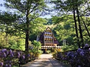 a building in the middle of a garden with purple flowers at Pension Casa Vanatorilor in Băile Olăneşti