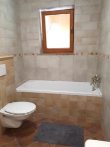a bathroom with a toilet and a tub and a window at Pr' Koritnek in Bled