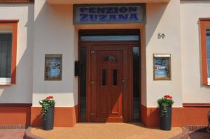 a front door of a building with two plants at Penzion Zuzana in Staré Splavy