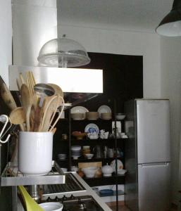 una cucina con frigorifero e mensola con utensili di l'Orso e le Stelle a Torino