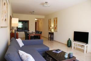 エステポナにあるTropical Holiday Apartmentのリビングルーム(青いソファ、テレビ付)