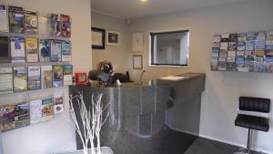 a law office with a desk and a mirror at Lugano Motor Lodge in Blenheim