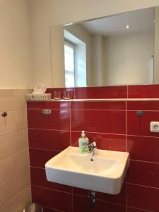 ein Badezimmer mit einem weißen Waschbecken und roten Fliesen in der Unterkunft Haus Carl von Clausewitz in Leipzig