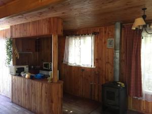 a kitchen with a stove in a wooden house at Huillines de Coipo in Huillinco