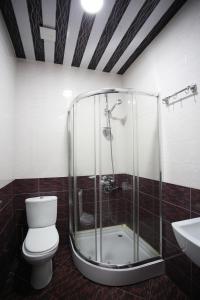 ein Bad mit einer Dusche, einem WC und einem Waschbecken in der Unterkunft Hotel Okriba Tbilisi in Tbilisi City