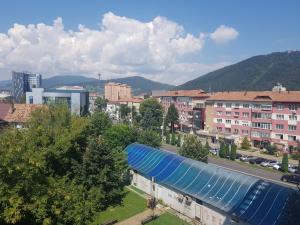a building with a blue roof in a city at Studio Central in Piatra Neamţ