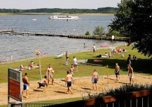 een groep mensen die volleybal spelen op een strand bij FEWOTRAUM-MÜRITZ in Röbel