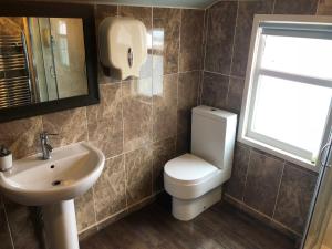 
a bathroom with a toilet, sink and mirror at Ely Guest House in Ely
