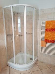 a shower with a glass enclosure in a bathroom at Ehrentaler Ferienhaus GbR in Schmalkalden