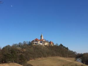 a castle on top of a hill with a house at Bungalow Saaletal in Kahla