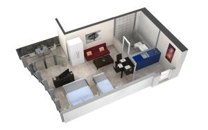 a rendering of a living room floor plan at HITrental Allmend Comfort Studios in Luzern