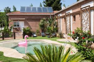 un flamenco rosa en una piscina frente a una casa en Rambla de Marisol Apartments, en Castelldefels