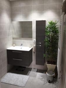 a bathroom with a sink and a toilet and a plant at La chambre rose in Mâcon
