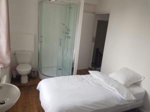 a bedroom with a bed and a shower and a sink at CHAMBRES / BEDROOM in Pleine-Fougères +8 photos