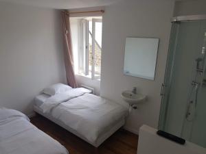 una camera con due letti e un lavandino e una doccia di CHAMBRES / BEDROOM a Pleine-Fougères