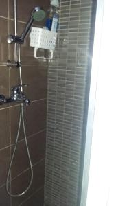 a shower with a shower head and a shower curtain at 15 C/MUGA-A EMPURIABRAVA in Empuriabrava +16 photos