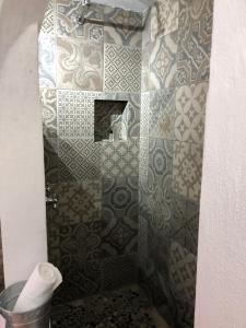 a shower in a bathroom with a tiled wall at Iztak - Xamikal in Zacatl&aacute;n