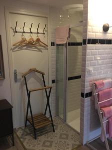uma casa de banho com uma cabina de duche ao nível do chão e uma cabina de duche em vidro. em La Ressource em Fontguenand