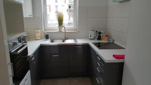 a small kitchen with a sink and a stove at Apartament nad Odrą z tarasem in Wrocław