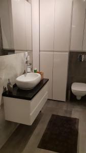 a bathroom with a white sink and a toilet at Apartament nad Odrą z tarasem in Wrocław