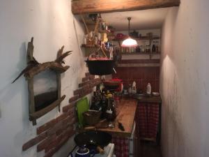 eine kleine Küche mit einer Theke und einer Wand mit Flaschen in der Unterkunft Lovačka kuća in Veliko Središte