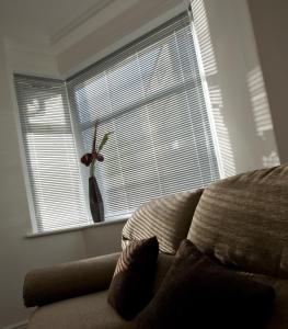 a person sitting on a couch in front of a window at Aberdeen Serviced Apartments - The Lodge in Aberdeen