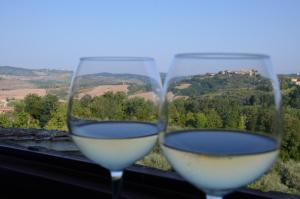 two glasses of white wine in front of a window at Casa Magnolia in Terricciola