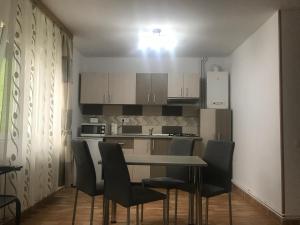 a kitchen with a table and chairs in a room at Garsoniera Family in Buşteni