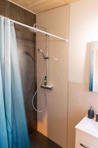 um chuveiro na casa de banho com uma cortina de chuveiro azul em Au Chant du Vent em Tramelan