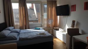 una camera da letto con un letto, una tv e una finestra di Sonniges Modernes Appartement Höhenberg a Colonia