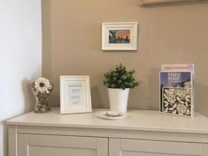 a table with two pictures and a plant on it at Julija & Filip Apartments in Ljubljana