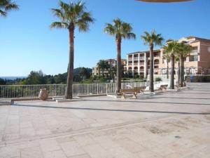un parc avec des palmiers, un banc et des bâtiments dans l'établissement Cap Esterel place des pecheurs, à Agay