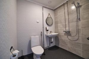 a bathroom with a shower and a toilet and a sink at B&B Villa Kauppila in Ii +23 photos