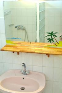 La salle de bains est pourvue d'un lavabo et d'un miroir sur une étagère. dans l'établissement Les Merveilleux Flots de la Mer, à Deshaies